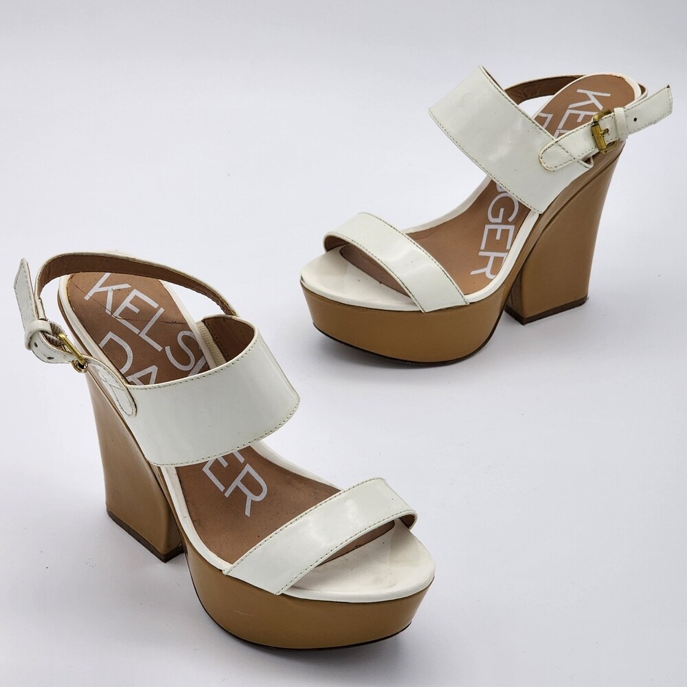 Kelsi Dagger Chunky Platform Patent Leather Heel Sandals White Nude Size 7.5